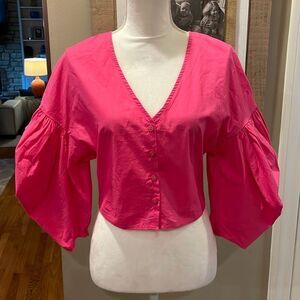 GD Golden Days Paris Pink Statement Sleeve V Neck Crop Top